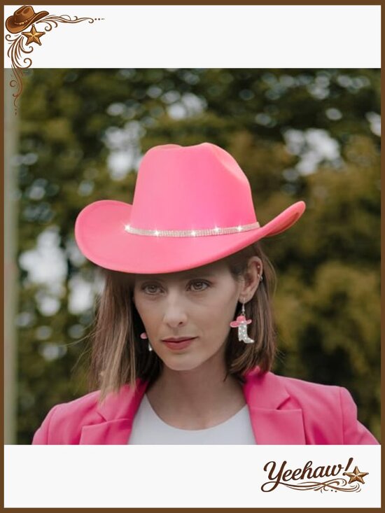 Rhinestone Cowgirl Hat with Boot Earrings Set, Adjustable Felt Fedora, Size M main image 7